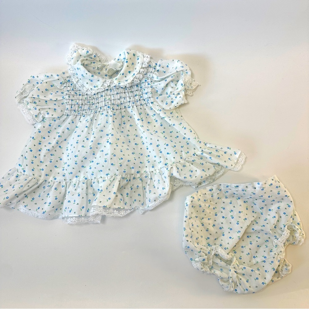 VTG Toddle Time by JcPenney Smocked‎ Dress Bloomer White w/ Blue Flowers 2pc set